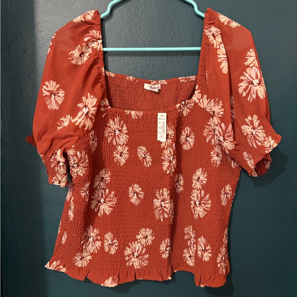 (re)sourced georgette lucie puff-sleeve smocked bodice top in moody blooms